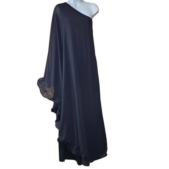 One-Shoulder Black Draped Jumpsuit with Flowing Maxi Overlay Size XXL - Picture 2 of 9